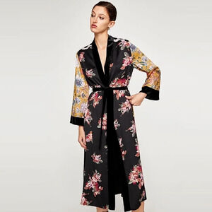 Floral Black Satin Robe